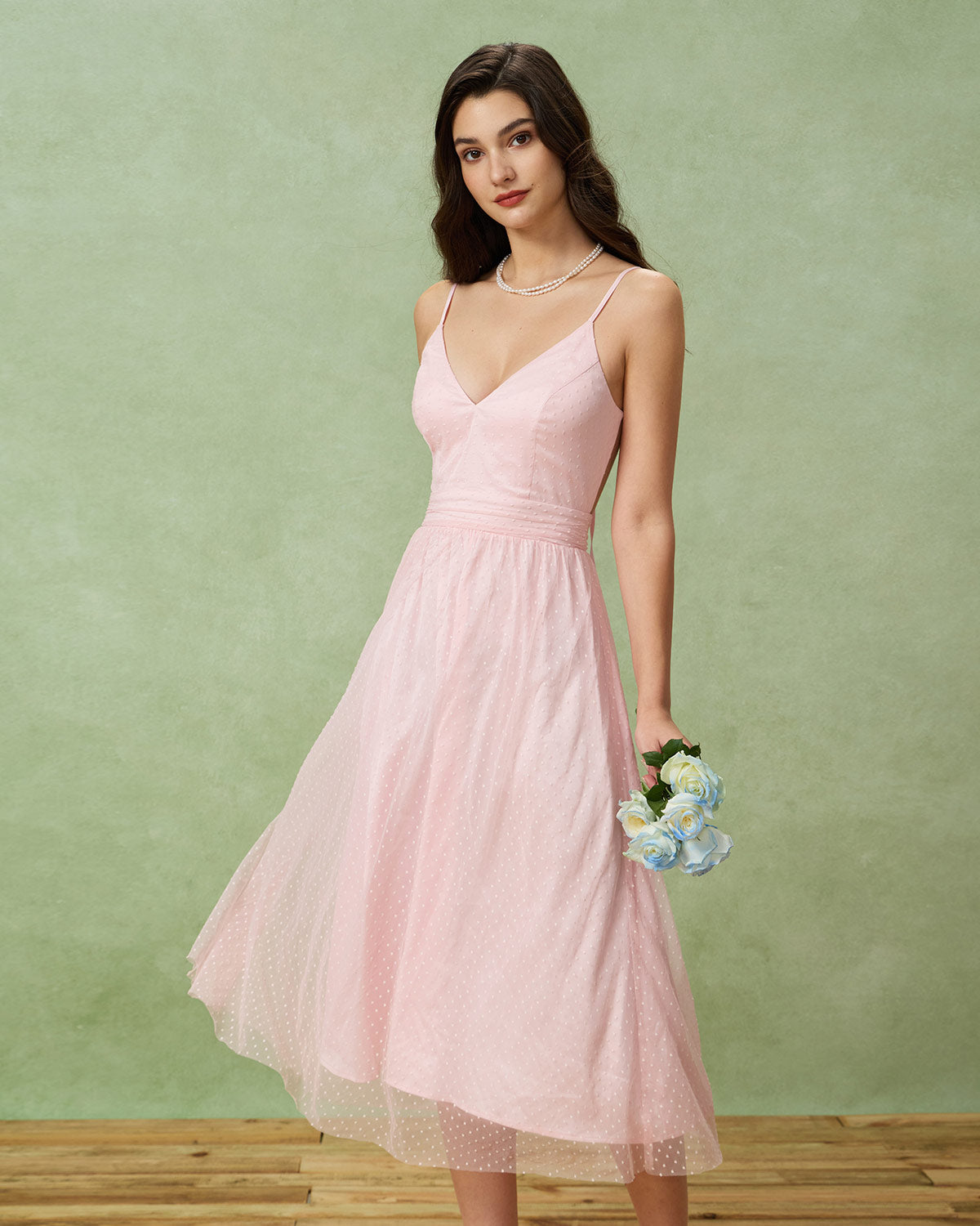 Pink V-Neck Backless Slip Midi Dress