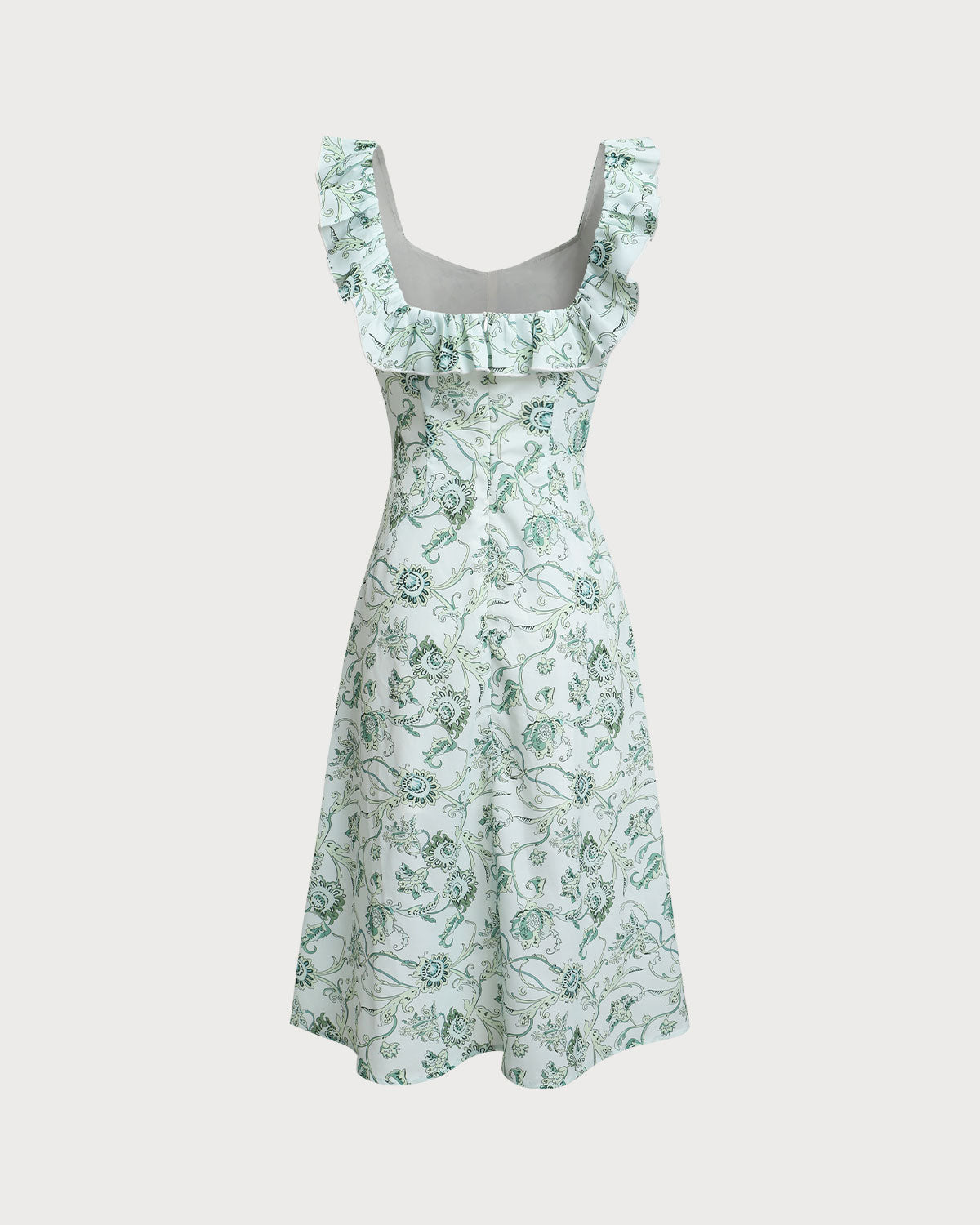 Green Floral Square Neck Ruched Midi Dress