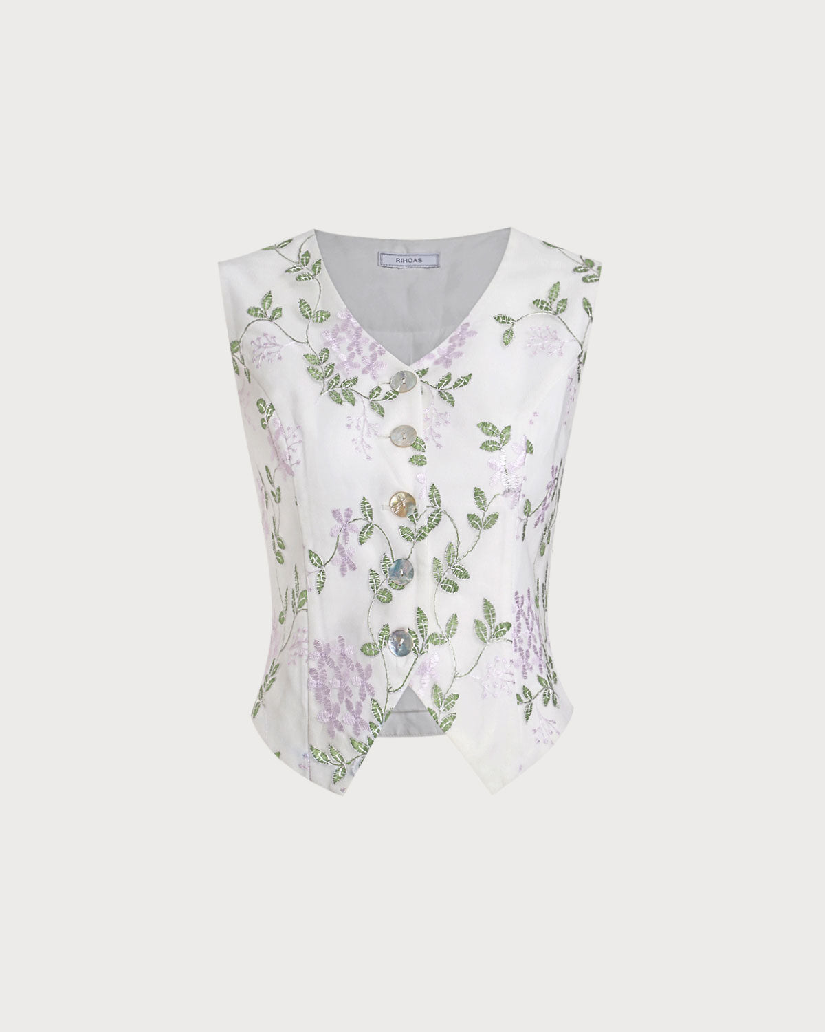 White Embroidery V Neck Button Vest
