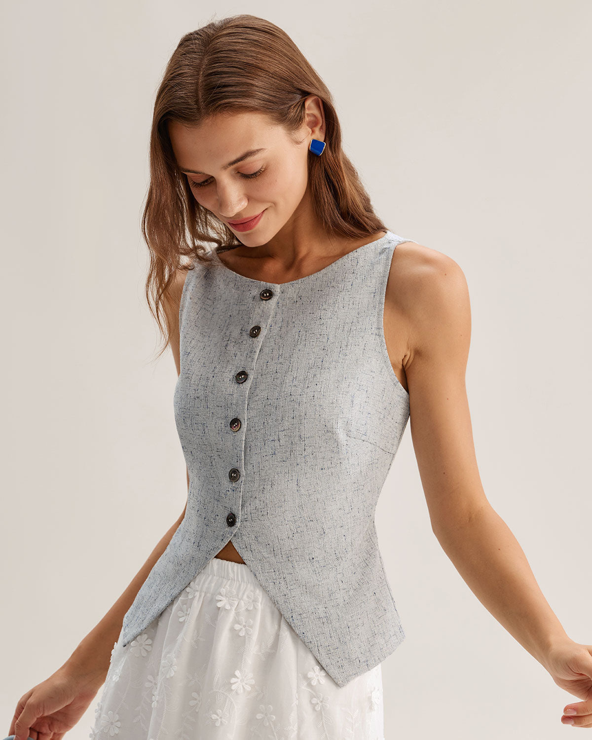 Blue Textured Button Vest