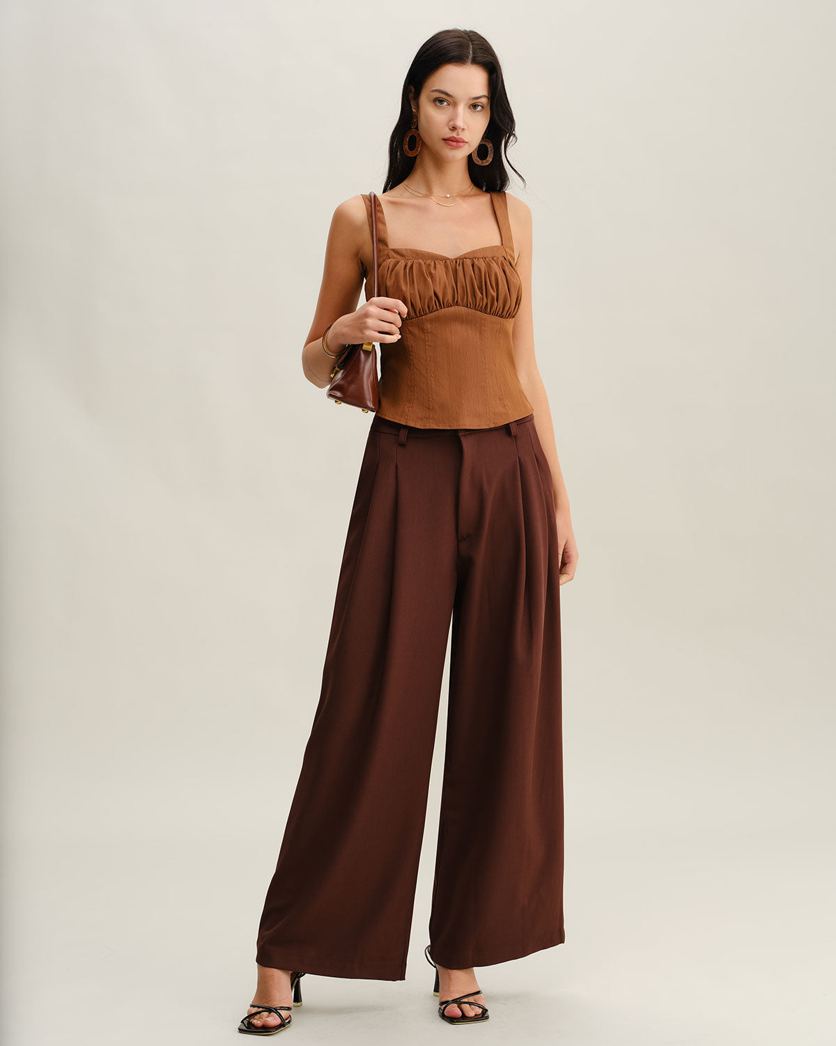 Brown Ruched Shirred Cami Top