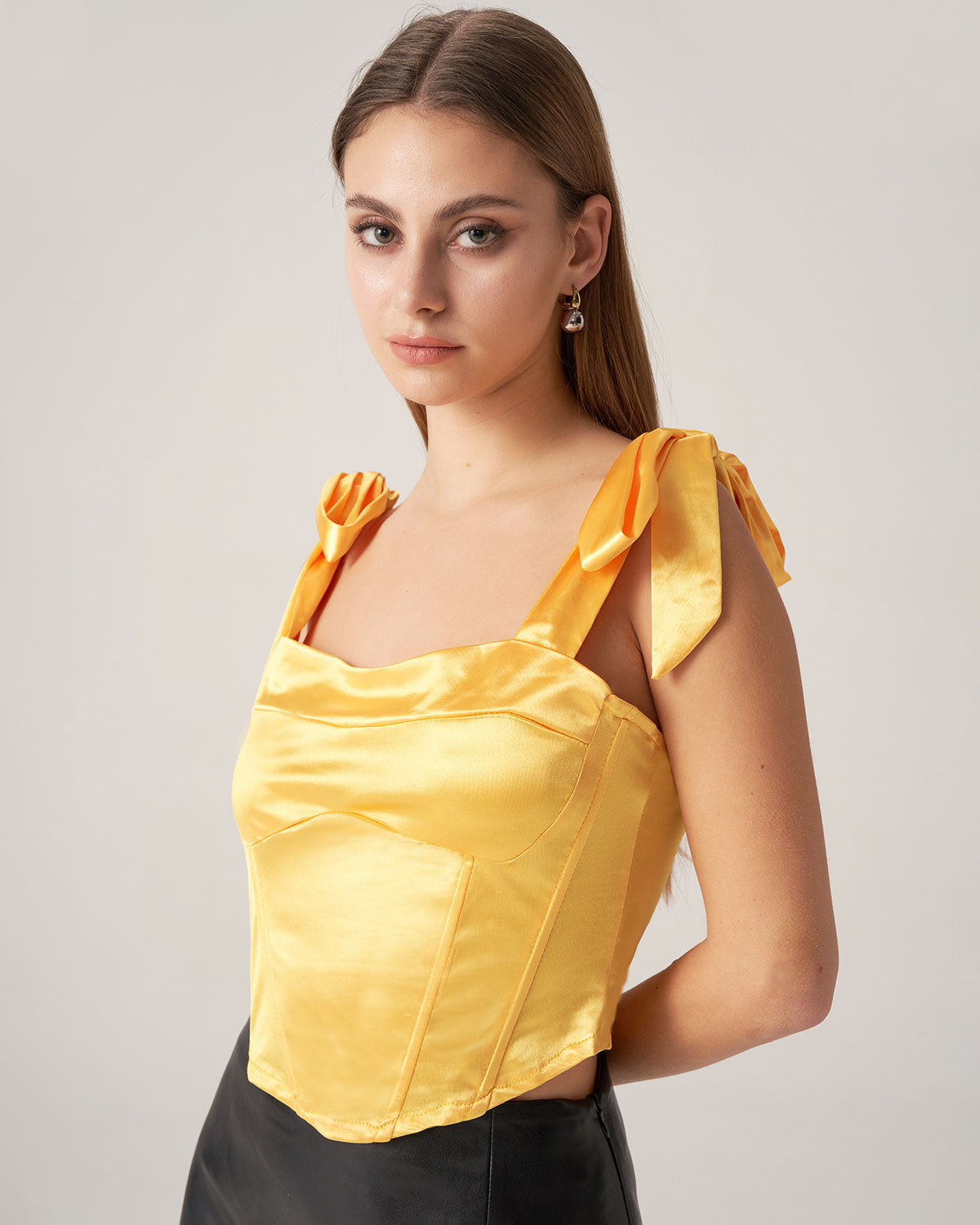 Bettydress-Yellow Satin Tie Strap Cami Top
