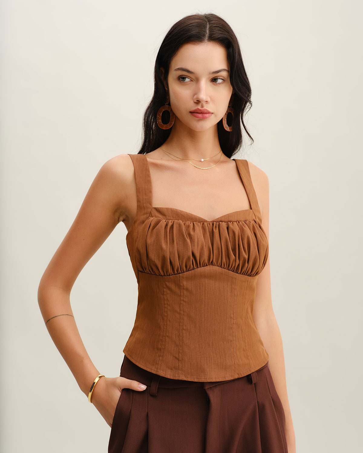 Brown Ruched Shirred Cami Top