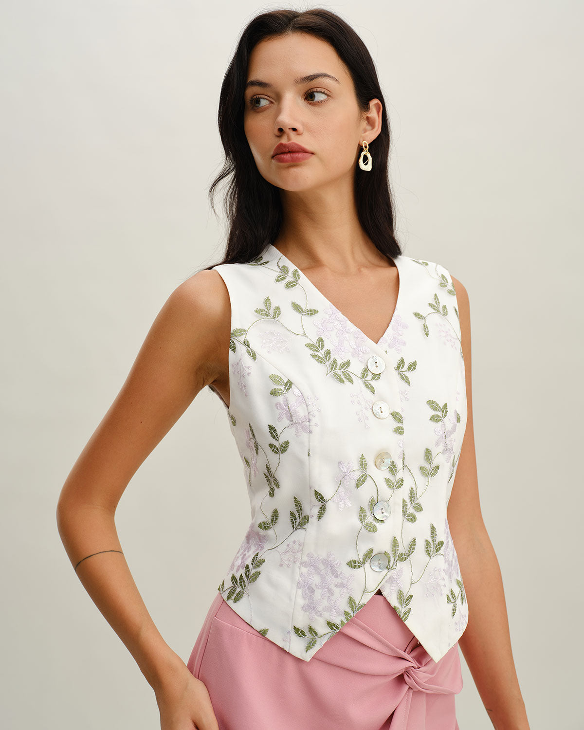 White Embroidery V Neck Button Vest