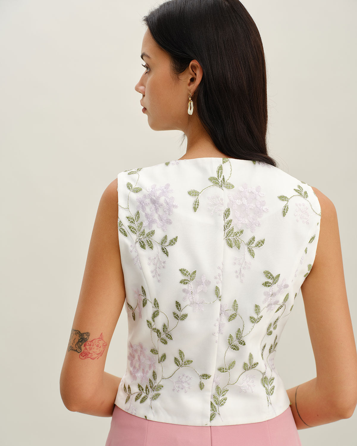 White Embroidery V Neck Button Vest