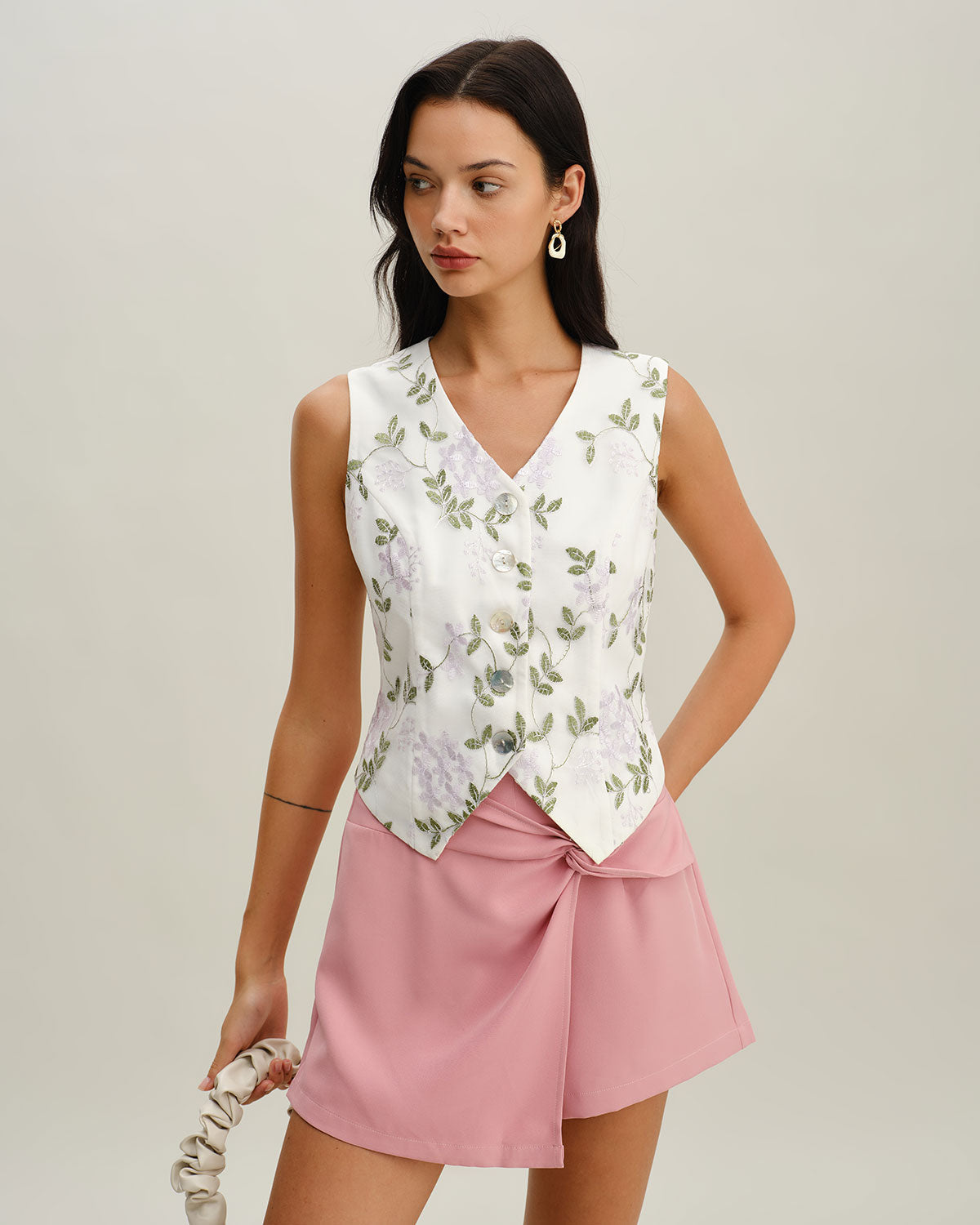 White Embroidery V Neck Button Vest