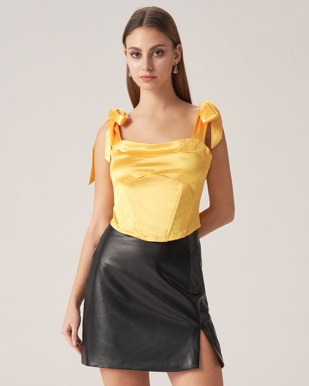 Bettydress-Yellow Satin Tie Strap Cami Top