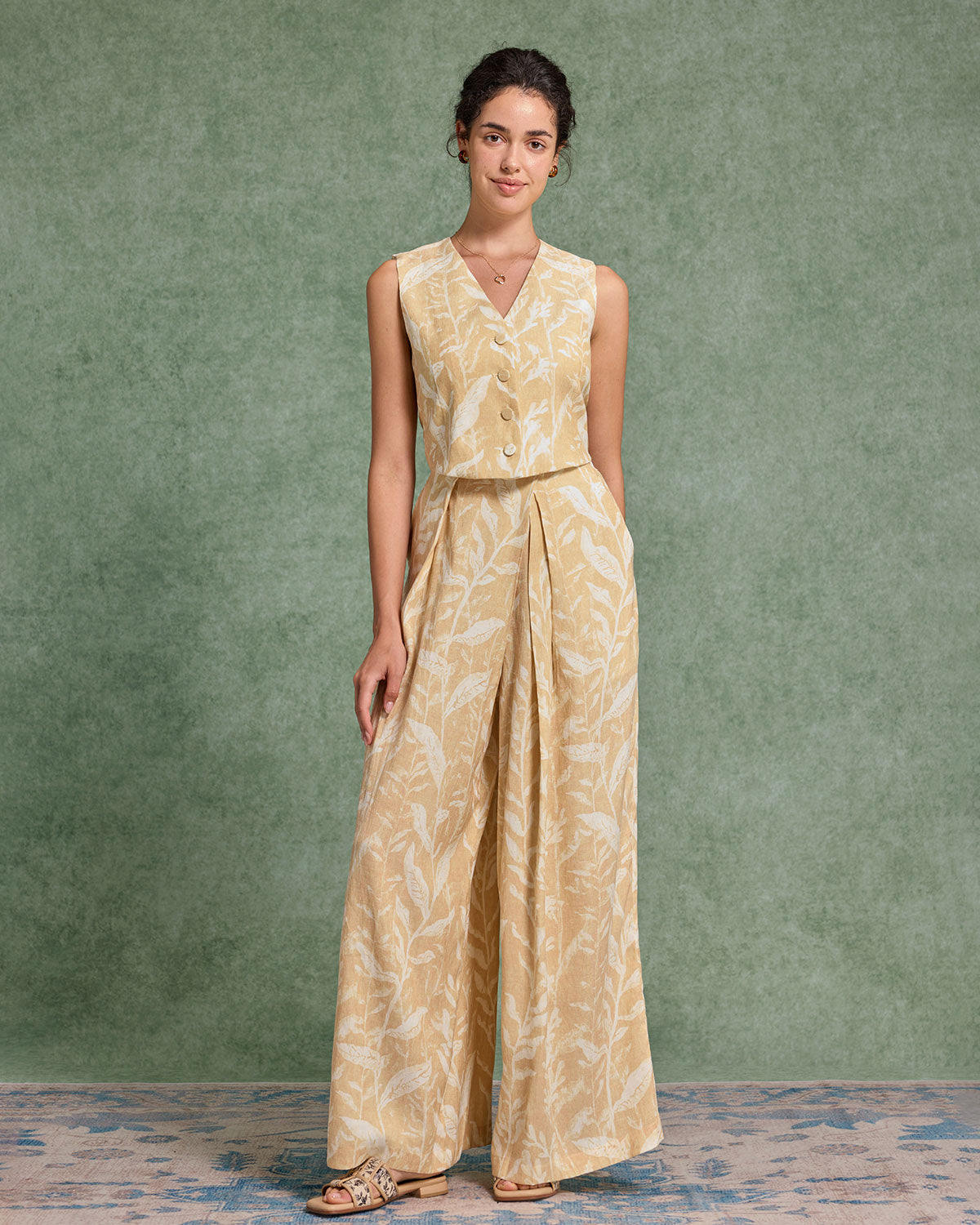 Yellow Floral V Neck Vest