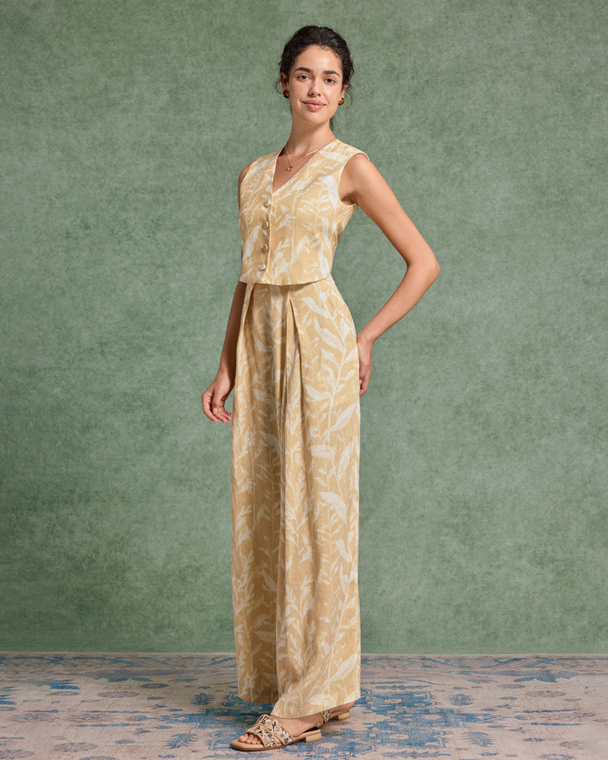 Yellow Floral V Neck Vest