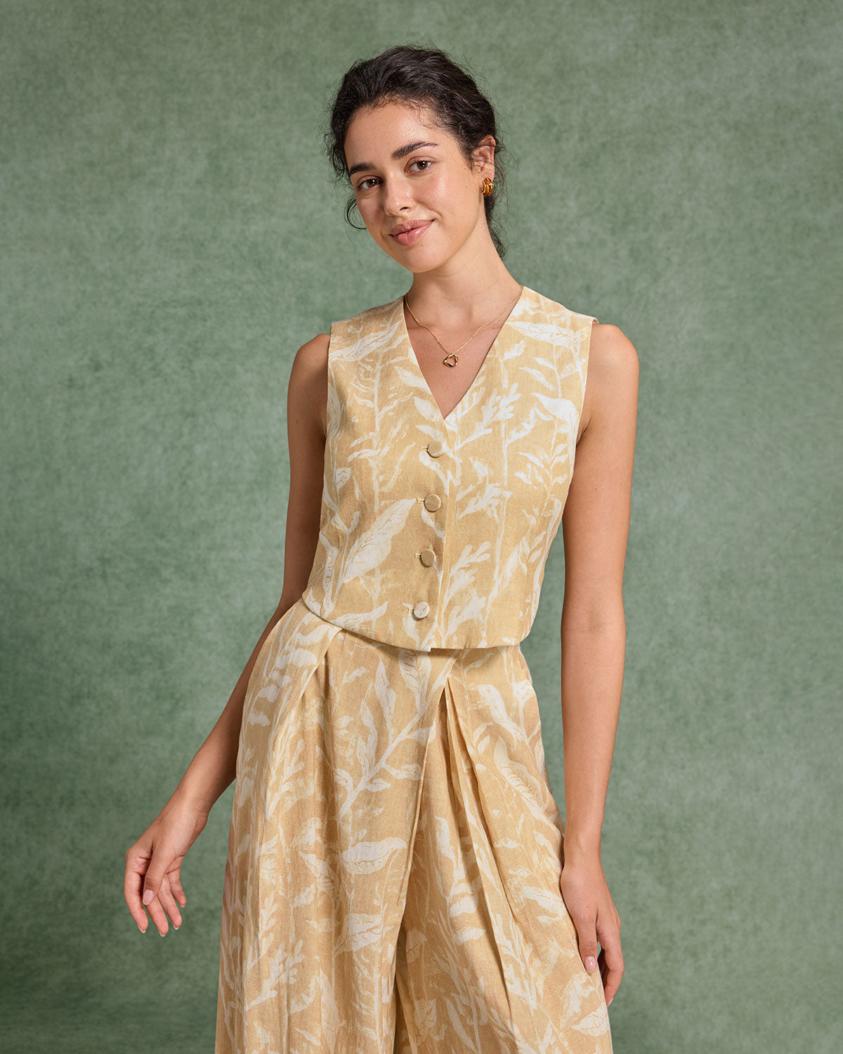 Yellow Floral V Neck Vest